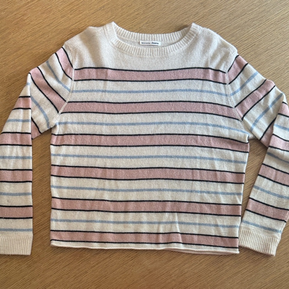 Reformation Cream Pink Blue Striped Crewneck Sweater